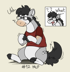 Size: 960x987 | Tagged: safe, artist:redrye, derpibooru import, oc, oc only, earth pony, human, pony, clothes, glasses, human to pony, male, question mark, shirt, simple background, sitting, solo, species swap, surprised, t-shirt, transformation, unshorn fetlocks