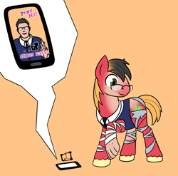 Size: 2520x2485 | Tagged: safe, artist:lex-i-paws, derpibooru import, big macintosh, earth pony, human, pony, g4, cellphone, clothes, glasses, high res, human to pony, male, mid-transformation, necktie, phone, smartphone, smiling, solo, species swap, suit, torn clothes, transformation