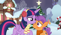 Size: 1564x906 | Tagged: safe, artist:lunaticdawn, derpibooru import, tender taps, twilight sparkle, twilight sparkle (alicorn), alicorn, earth pony, pony, g4, blushing, christmas, christmas tree, clothes, colt, cute, duo, female, foal, hearth's warming eve, holiday, kissing, male, mare, one eye closed, outdoors, ponyville, scarf, shipping, show accurate, straight, tree, twitaps, winter, winter outfit