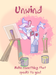 Size: 3464x4618 | Tagged: safe, artist:chromatail, derpibooru import, oc, oc:chroma tail, unicorn, apron, artist, clothes, digital watercolor, headband, horn, magic, paint, paint bucket, paint water, painter, pastel, poster, relax, relaxing, tea