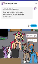 Size: 1183x1963 | Tagged: safe, artist:ask-luciavampire, derpibooru import, oc, earth pony, pony, unicorn, ask, horn, multiple heads, tumblr, two heads, video game