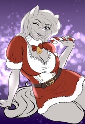 Size: 438x640 | Tagged: safe, artist:jerraldina, derpibooru import, anthro, pony, candy, christmas, christmas outfit, commission, female, food, holiday, one eye closed, wink, your character here