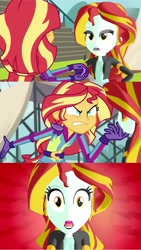 Size: 720x1280 | Tagged: safe, artist:mlpfan2011, derpibooru import, edit, edited screencap, screencap, lyra heartstrings, sunset shimmer, human, equestria girls, friendship games, g4, 3d, angry, clothes, comic, cosplay, costume, duo, duo female, female, mmd, screencap comic, shocked