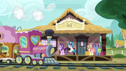 Size: 1366x768 | Tagged: safe, derpibooru import, screencap, atticus, dj pon-3, ruby love, scarlet heart, starlight glimmer, vinyl scratch, pony, g4, uncommon bond, friendship express, locomotive, my little pony: friendship is magic, outdoors, steam locomotive, train