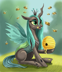 Size: 2585x3000 | Tagged: safe, artist:zdrer456, derpibooru import, queen chrysalis, bee, changeling, changeling queen, insect, pony, g4, beehive, female, food, honey, hoof hold, open mouth, solo, spread wings, wings