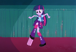 Size: 1280x883 | Tagged: safe, artist:lovablerobot, derpibooru import, edit, edited screencap, screencap, twilight sparkle, human, equestria girls, g4, absurd resolution, boots, carpet, cinema, clothes, female, fetish, food, gum, looney tunes, my little pony equestria girls, parody, scrunchy face, shoes, solo, sticky, stuck, vector, walking