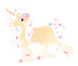 Size: 5200x4400 | Tagged: safe, artist:gigason, derpibooru import, oc, oc only, oc:hellebore, pony, unicorn, g4, absurd resolution, adoptable, bipedal, blank flank, blue eyes, colored, colored eyelashes, colored hooves, colored pinnae, cream coat, curly hair, curly mane, curly tail, curved horn, ear fluff, ears, eyelashes, eyeshadow, flat colors, flower, flower in hair, flower in tail, gradient fetlocks, gradient legs, hooves, horn, lidded eyes, long feather, long fetlocks, long mane, long tail, looking back, magical lesbian spawn, makeup, nonbinary, nonbinary oc, obtrusive watermark, offspring, palomino, parent:fluttershy, parent:princess platinum, pink eyelashes, pink hair, pink hooves, pink mane, pink tail, profile, raised hoof, raised leg, simple background, smiling, solo, striped horn, tail, thick eyelashes, transparent background, unicorn horn, unicorn oc, walking, watermark, white eyeshadow, white mane, white tail, yellow coat