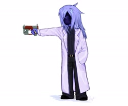 Size: 2560x2133 | Tagged: safe, derpibooru import, oc, oc:critic, clothes, female, gun, lab coat, no face, simple background, submachinegun, weapon, село