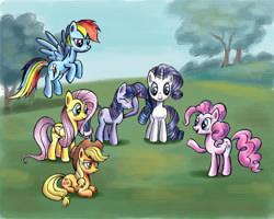 Size: 1024x820 | Tagged: safe, artist:zdrer456, derpibooru import, applejack, fluttershy, pinkie pie, rainbow dash, rarity, twilight sparkle, earth pony, pegasus, pony, unicorn, g4, 2015, grass, horn, mane six, outdoors, tree