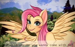 Size: 1500x950 | Tagged: safe, artist:namelessplaza, derpibooru import, fluttershy, pegasus, pony, g4, blue eyes, blushing, bush, cloud, female, halfbody, mountain, open mouth, outdoors, petals, sky, solo, tree