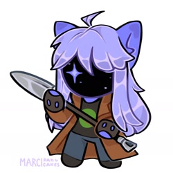 Size: 1668x1668 | Tagged: safe, artist:marcipancakes, derpibooru import, oc, oc:critic, anthro, chibi, clothes, female, no face, postal dude, shovel, simple background, село