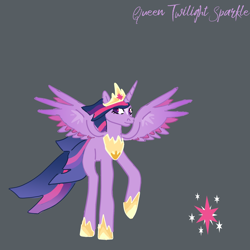 Size: 2000x2000 | Tagged: safe, artist:chromatail, derpibooru import, princess twilight 2.0, twilight sparkle, twilight sparkle (alicorn), alicorn, pony, g4, crown, female, future, g5 rewrite, horn, jewelry, mare, older, older twilight, older twilight sparkle (alicorn), queen twilight sparkle, regalia, seraphina au, spread wings, wings