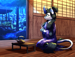 Size: 2000x1500 | Tagged: safe, artist:celes-969, derpibooru import, oc, anthro, kirin, clothes, cup, garden, kimono (clothing), kirin oc, kneeling, long hair, solo, teacup, teapot