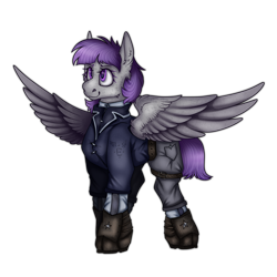 Size: 2300x2300 | Tagged: safe, artist:molars, derpibooru import, oc, oc only, oc:morning glory, oc:morning glory (project horizons), pegasus, pony, fallout equestria, fallout equestria: project horizons, ashes town, boots, clothes, commission, enclave, enclave uniform, fallout equestria oc, fanfic art, female, female oc, full body, jacket, mare oc, pants, pegasus oc, purple mane, rendered, shoes, short mane, simple background, solo, spread wings, stars, transparent background, uniform, wings