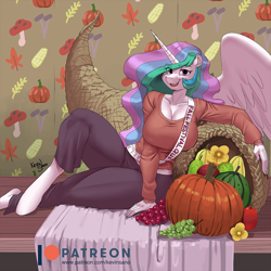 Size: 1000x1000 | Tagged: safe, artist:kevinsano, derpibooru import, princess celestia, alicorn, anthro, unguligrade anthro, g4, apple, autumn, big breasts, breasts, cleavage, clothes, cornucopia, eye clipping through hair, feathered wings, female, flower, food, gourd, grapes, horn, huge breasts, long sleeved shirt, long sleeves, looking at you, mare, one wing out, open mouth, open smile, pants, princess breastia, pumpkin, sash, shirt, sitting, smiling, smiling at you, solo, spread wings, unicorn horn, wallpaper, wings