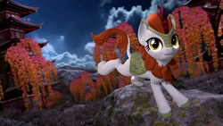 Size: 3840x2160 | Tagged: safe, artist:owlpirate, derpibooru import, autumn blaze, kirin, g4, 3d, 4k, cloud, facing you, female, high res, looking up, mare, night, night sky, outdoors, pagoda, sky, smiling, solo, source filmmaker, temple, tree