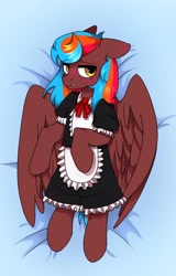 Size: 1382x2160 | Tagged: artist needed, source needed, safe, derpibooru import, oc, oc:demagogue, pegasus, blushing, clothes, female, maid, mare, wings, село