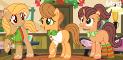 Size: 1280x626 | Tagged: safe, artist:vi45, derpibooru import, oc, oc only, earth pony, pony, unicorn, bowtie, clothes, cute, female, gingerbread ponies, gingerbread pony, horn, indoors, mare, ocbetes, shirt, socks, striped socks