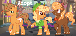 Size: 1280x614 | Tagged: safe, artist:vi45, derpibooru import, oc, oc only, earth pony, pegasus, pony, unicorn, bowtie, clothes, cute, female, gingerbread ponies, gingerbread pony, hat, horn, male, mare, ocbetes, outdoors, shirt, stallion