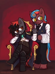 Size: 1615x2160 | Tagged: safe, artist:marcipancakes, derpibooru import, oc, oc:demagogue, anthro, butler, cape, clothes, dominant, eyelashes, female, femdom, glowing, necktie, smiling, smug, throne, transgender, село