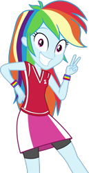 Size: 2580x5000 | Tagged: safe, artist:octosquish7260, derpibooru import, rainbow dash, human, equestria girls, g4, holidays unwrapped, clothes, compression shorts, cute, dashabetes, dashing through the mall, equestria girls specials, female, jersey, peace sign, rainbow dash is best human, rainbow sass, shirt, simple background, skirt, smiling, solo, teenager, teeth, transparent background, wristband