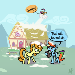 Size: 2000x2000 | Tagged: safe, artist:mafon, derpibooru import, carrot top, golden harvest, rainbow dash, scootaloo, earth pony, pegasus, pony, g4, clipboard, outdoors, ponyville, snow, snowfall, speech bubble, trio