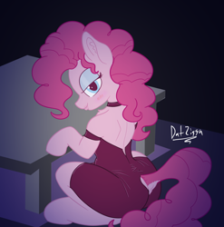 Size: 2700x2731 | Tagged: safe, artist:datzigga, derpibooru import, pinkie pie, earth pony, pony, g4, alternate hairstyle, blushing, cocktail dress, eyeshadow, female, makeup, mare, smiling, solo