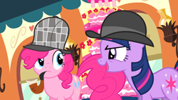 Size: 1674x940 | Tagged: safe, derpibooru import, screencap, pinkie pie, twilight sparkle, unicorn twilight, earth pony, unicorn, g4, mmmystery on the friendship express, season 2, bowler hat, bubble pipe, cake, deerstalker, detective, food, hat, horn, my little pony: friendship is magic, pipe, sherlock holmes, sherlock pie, watson