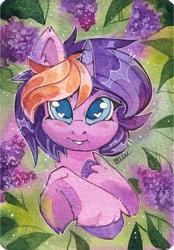 Size: 1504x2160 | Tagged: safe, artist:lilacclime, derpibooru import, oc, oc only, pony, unicorn, blush lines, blushing, bust, ear fluff, ears, female, horn, lavender, looking at you, mare, smiling, smiling at you, traditional art, unicorn oc, watermark