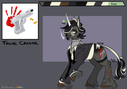 Size: 2000x1400 | Tagged: safe, artist:legendaryshadee, derpibooru import, oc, oc:true crime, pony, unicorn, clothes, glasses, horn, male, reference sheet, solo, stallion