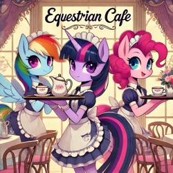 Size: 1024x1024 | Tagged: safe, ai content, derpibooru import, machine learning generated, pinkie pie, rainbow dash, twilight sparkle, unicorn twilight, earth pony, pegasus, semi-anthro, unicorn, g4, apron, chair, clothes, cup, equestrian cafe, female, horn, indoors, maid, prompter:strombolinator, restaurant, table, teacup, teapot, trio, trio female, waitress