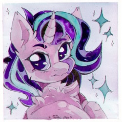 Size: 1280x1280 | Tagged: safe, artist:lilacclime, derpibooru import, starlight glimmer, pony, unicorn, g4, bust, chest fluff, eyelashes, female, horn, looking at you, mare, solo, traditional art, watermark