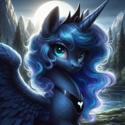 Size: 1024x1024 | Tagged: safe, ai content, machine learning generated, princess luna, alicorn, pony, bing, female, fluffy, lake, looking at you, mare, moon, mountain, night, outdoors, regalia, solo, tree