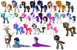 Size: 1810x1188 | Tagged: safe, artist:pompadour nautice, derpibooru import, discord, king sombra, slendermane, oc, oc:azure acrylic, oc:cara melody, oc:cobalt flame, oc:crypto, oc:crystal, oc:curiosity cosmos, oc:denim rose, oc:desert winds, oc:dia sunshine, oc:flik, oc:jellybean, oc:juliana, oc:marsh, oc:morning glory (project horizons), oc:narzissa fume, oc:neon burst, oc:nuki, oc:opal brona, oc:p-21, oc:ruby star, oc:scratchie, oc:storm cloud, oc:titan guard, earth pony, lamia, original species, pegasus, pony, unicorn, fallout equestria, fallout equestria: project horizons, 3d, 3d model, group, project zomboid, render, simple background, transparent background