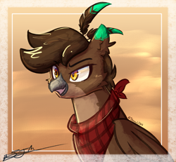 Size: 1785x1651 | Tagged: safe, artist:staceyld636, derpibooru import, oc, oc:gertz "tips" brightfeather, griffon, beak, clothes, commission, feather, griffon oc, male, scarf, smiling, smirk