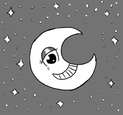 Size: 640x600 | Tagged: safe, artist:ficficponyfic, derpibooru import, oc, oc only, oc:joyride, colt quest, complex background, crescent moon, cyoa, face, grin, monochrome, moon, no pony, smiling, solo, starry night, stars, story included