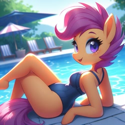 Size: 1024x1024 | Tagged: safe, ai content, derpibooru import, generator:bing image creator, generator:dall-e 3, machine learning generated, scootaloo, anthro, g4, arm hooves, blue swimsuit, clothes, cute, cutealoo, looking at you, lying down, missing cutie mark, on back, one-piece swimsuit, outdoors, smiling, smiling at you, solo, swimming pool, swimsuit, umbrella, wingless, wingless anthro