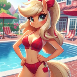 Size: 1024x1024 | Tagged: safe, ai content, derpibooru import, generator:bing image creator, generator:dall-e 3, machine learning generated, applejack, anthro, earth pony, g4, adorasexy, alternate hairstyle, applebetes, applerack, belly button, bikini, blushing, breasts, cleavage, clothes, cute, hair ribbon, hand on hip, jackabetes, looking at you, outdoors, ponytail, red bikini, ribbon, sexy, smiling, smiling at you, solo, standing, swimming pool, swimsuit, umbrella