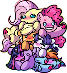 Size: 1704x1866 | Tagged: safe, artist:sexygoatgod, derpibooru import, applejack, fluttershy, pinkie pie, rainbow dash, rarity, twilight sparkle, twilight sparkle (alicorn), alicorn, earth pony, pegasus, pony, unicorn, :3, :<, :p, ^^, chibi, commission, cute, cute little fangs, dashabetes, diapinkes, eyes closed, fangs, female, group, heart, heart eyes, jackabetes, mane six, mare, pile, pony pile, raribetes, shyabetes, simple background, tongue, tongue out, transparent background, twiabetes, underhoof, wingding eyes, your character here