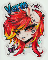 Size: 2022x2505 | Tagged: safe, artist:paintedcora, derpibooru import, oc, oc:lazy sunday, pony, unicorn, badge, con badge, ear piercing, emo, eyeshadow, goth, harmonycon, looking at you, makeup, piercing, punk, solo, xd