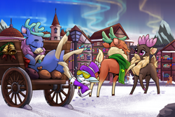 Size: 2400x1600 | Tagged: safe, artist:redahfuhrerking, derpibooru import, cap (tfh), cashmere (tfh), oc, oc:comfy (tfh), deer, reindeer, them's fightin' herds, aurora borealis, buck, cart, clothes, cloven hooves, community related, doe, female, scarf, sunglasses