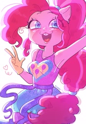 Size: 1423x2048 | Tagged: safe, artist:kinokoo-san, derpibooru import, pinkie pie, human, equestria girls, g4, ambiguous facial structure, armpits, bucktooth, clothes, eye clipping through hair, female, gloves, open mouth, open smile, ponied up, simple background, smiling, solo, super ponied up, white background