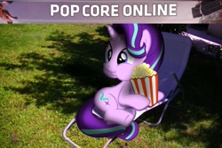 Size: 781x521 | Tagged: safe, derpibooru import, starlight glimmer, pony, unicorn, g4, chair, eating, food, grass, popcorn, titanfall