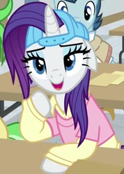 Size: 694x976 | Tagged: safe, derpibooru import, screencap, polo play, rarity, pony, unicorn, friendship university, g4, season 8, alternate hairstyle, backwards ballcap, baseball cap, cap, clothes, cropped, disguise, female, hat, las pegasus resident, male, mare, open mouth, open smile, plainity, smiling, solo focus, stallion