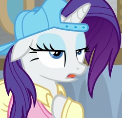 Size: 1114x1079 | Tagged: safe, derpibooru import, screencap, rarity, pony, unicorn, friendship university, g4, season 8, alternate hairstyle, backwards ballcap, baseball cap, cap, clothes, cropped, disguise, female, hat, hoof on chest, lidded eyes, mare, plainity, raised hoof, raised leg, solo