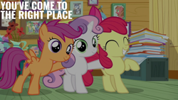 Size: 2000x1125 | Tagged: safe, derpibooru import, edit, edited screencap, editor:quoterific, screencap, apple bloom, scootaloo, sweetie belle, forever filly, g4, clubhouse, crusaders clubhouse, cutie mark crusaders