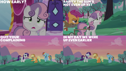 Size: 2000x1125 | Tagged: safe, derpibooru import, edit, edited screencap, editor:quoterific, screencap, applejack, rainbow dash, rarity, scootaloo, sweetie belle, pony, g4, the cart before the ponies, apple, apple tree, carousel boutique, cart, saw, tree