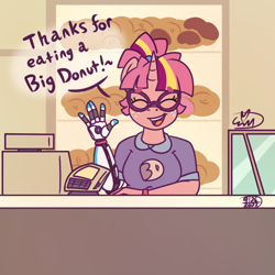 Size: 1000x1000 | Tagged: safe, artist:erynerikard, derpibooru import, oc, oc only, oc:dawn twinkle, anthro, unicorn, amputee, big donut, cash register, digital art, donut, female, food, freckles, glasses, prosthetic arm, prosthetic limb, prosthetics, solo, steven universe, talking to viewer, waving, waving at you