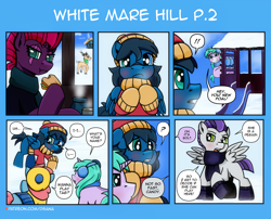 Size: 3508x2834 | Tagged: safe, artist:dsana, derpibooru import, fizzlepop berrytwist, tempest shadow, oc, oc:blue candy, oc:bolt thudercloud, oc:lullaby dusk, oc:minty mint, deer, earth pony, pegasus, pony, unicorn, comic:a storm's lullaby, adopted, adopted daughter, clothes, colt, earmuffs, female, filly, foal, male, shawl, slide, snow