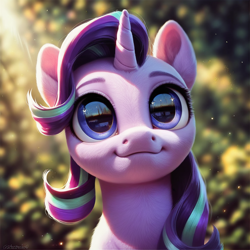 Size: 1024x1024 | Tagged: safe, ai content, derpibooru import, generator:purplesmart.ai, generator:stable diffusion, machine learning generated, starlight glimmer, pony, unicorn, g4, female, looking up, mare, prompter:maresforever, smiling